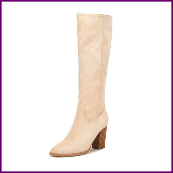 Faux Suede Knee High Boots Chunky Heel Side Zipper Stretch Winter